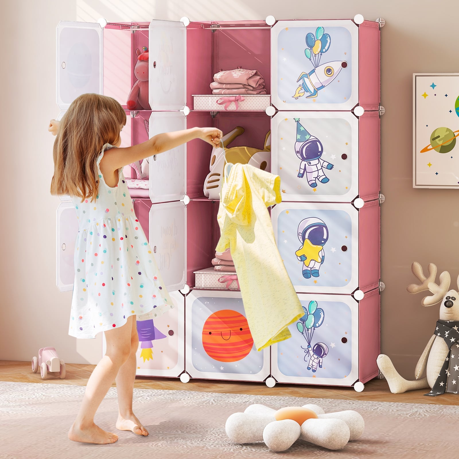 Portable Children Wardrobe with 12 Cubes and 2 Clothes Hanging Section-Pink