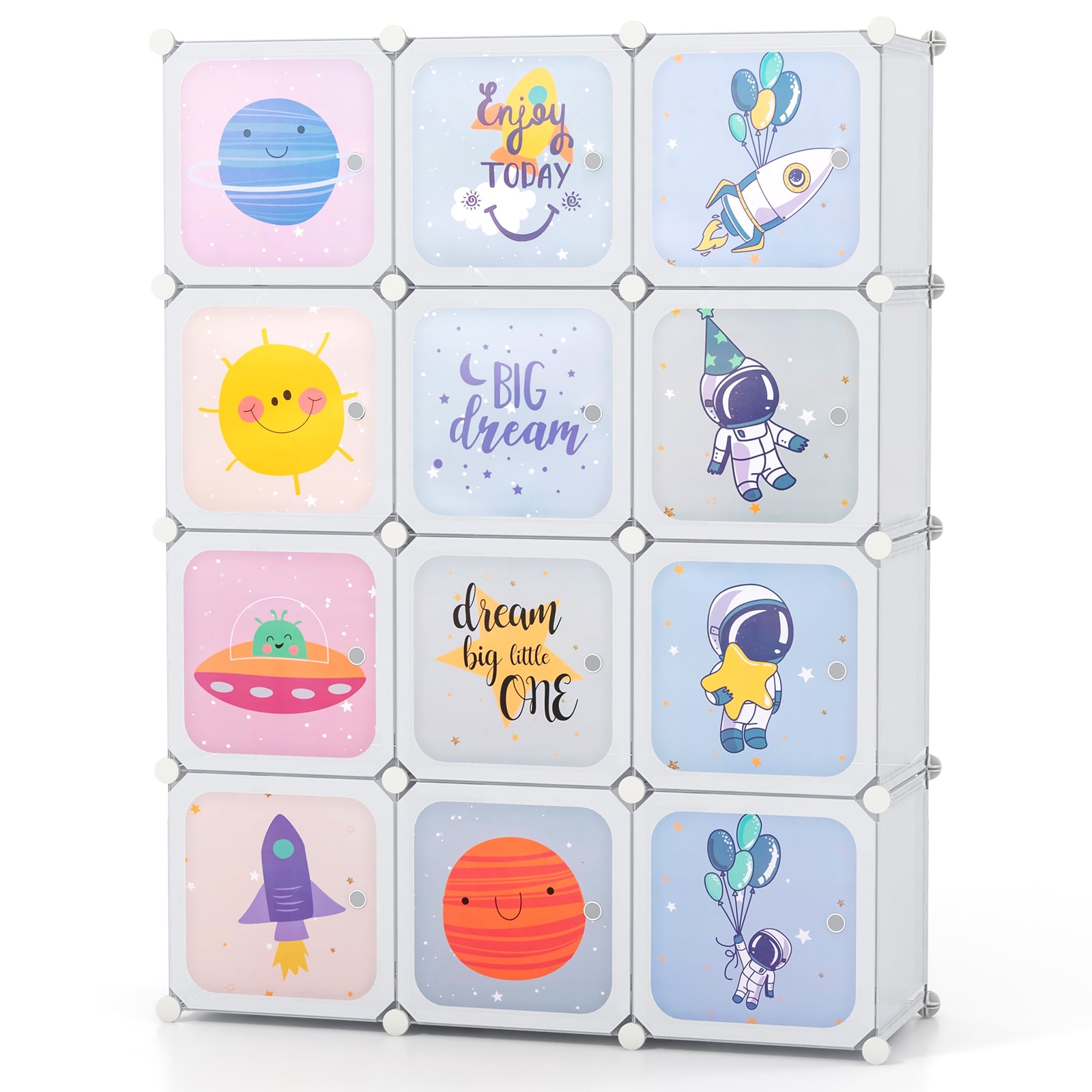 Portable Children Wardrobe with 12 Cubes and 2 Clothes Hanging Section-White