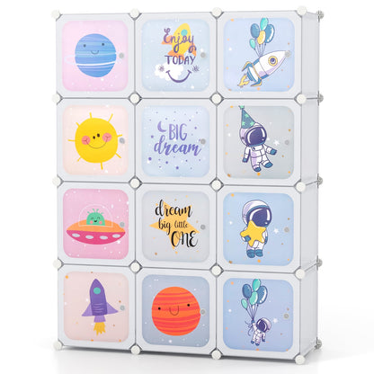 Portable Children Wardrobe with 12 Cubes and 2 Clothes Hanging Section-White