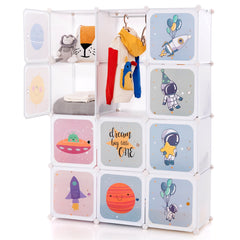Portable Children Wardrobe with 12 Cubes and 2 Clothes Hanging Section-White