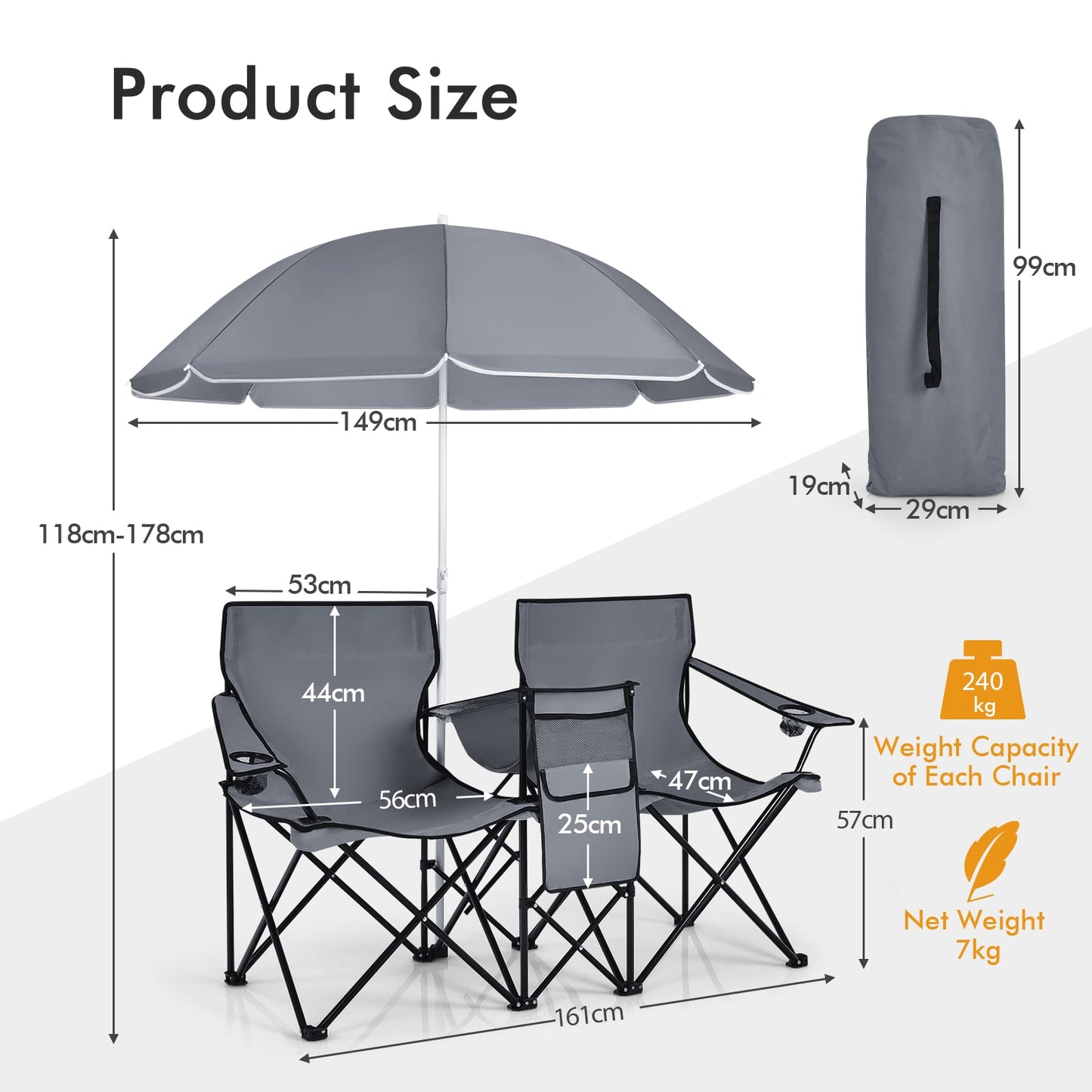 Portable Double Camping Chair with Umbrella and Ice Bag-Grey