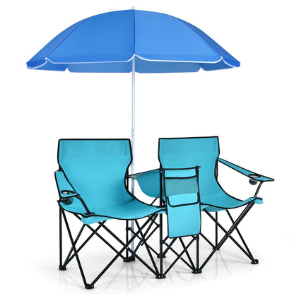 Portable Double Camping Chair with Umbrella and Ice Bag-Turquoise