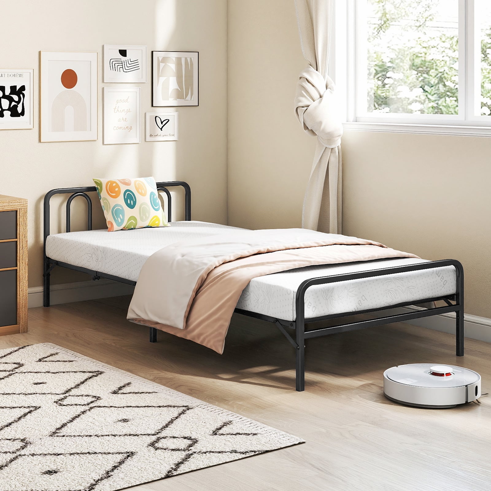 Portable Folding Bed with Headboard and Footboard for Guest Room-Black-Single Size