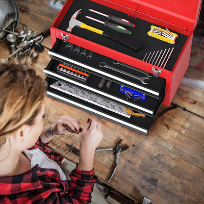 Portable Steel Tool Box with 3 Drawers and Top Storage Tray-Red & Black