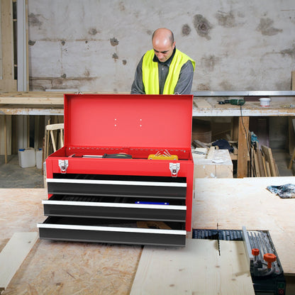 Portable Steel Tool Box with 3 Drawers and Top Storage Tray-Red & Black