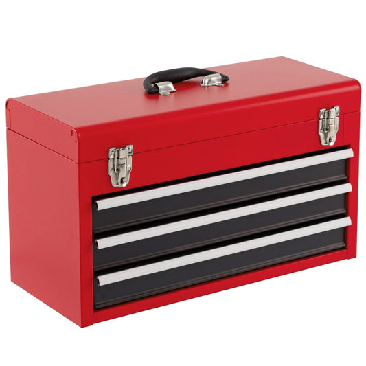 Portable Steel Tool Box with 3 Drawers and Top Storage Tray-Red & Black