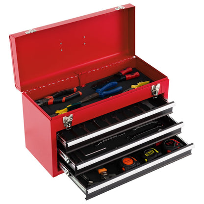 Portable Steel Tool Box with 3 Drawers and Top Storage Tray-Red & Black