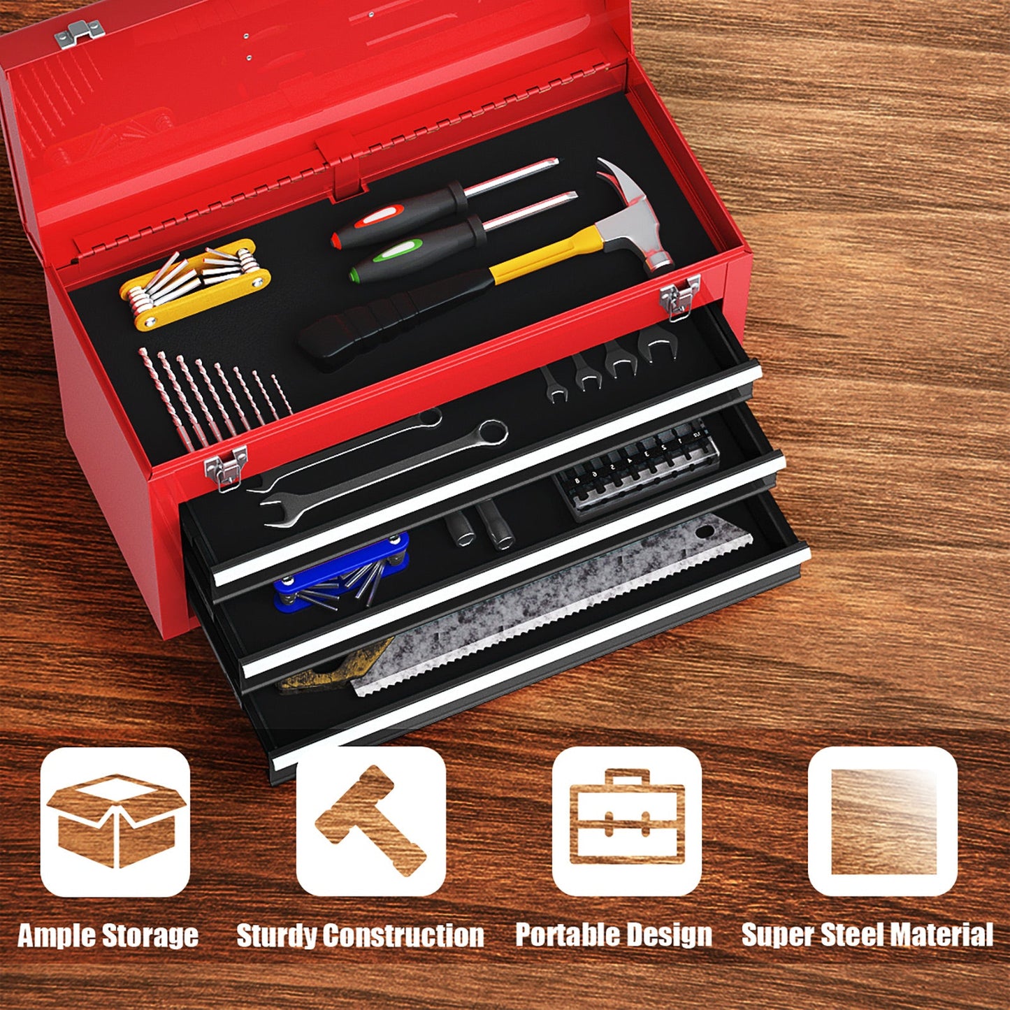 Portable Steel Tool Box with 3 Drawers and Top Storage Tray-Red & Black