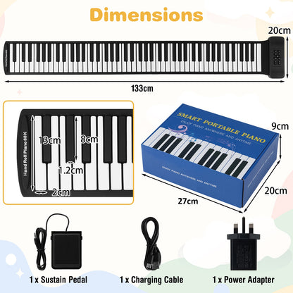 Portable Hand Roll Piano Keyboard with 128 Rhythms-Black