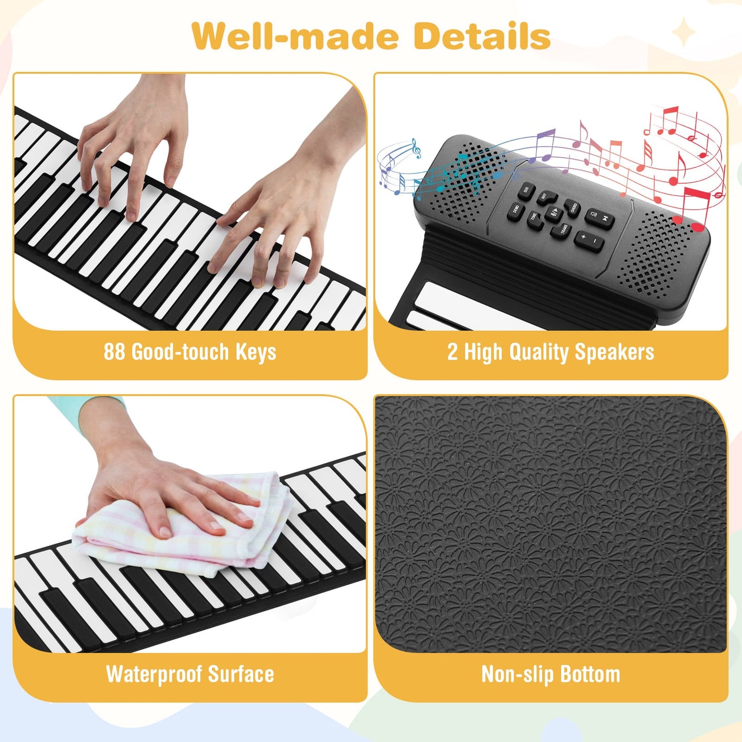 Portable Hand Roll Piano Keyboard with 128 Rhythms-Black