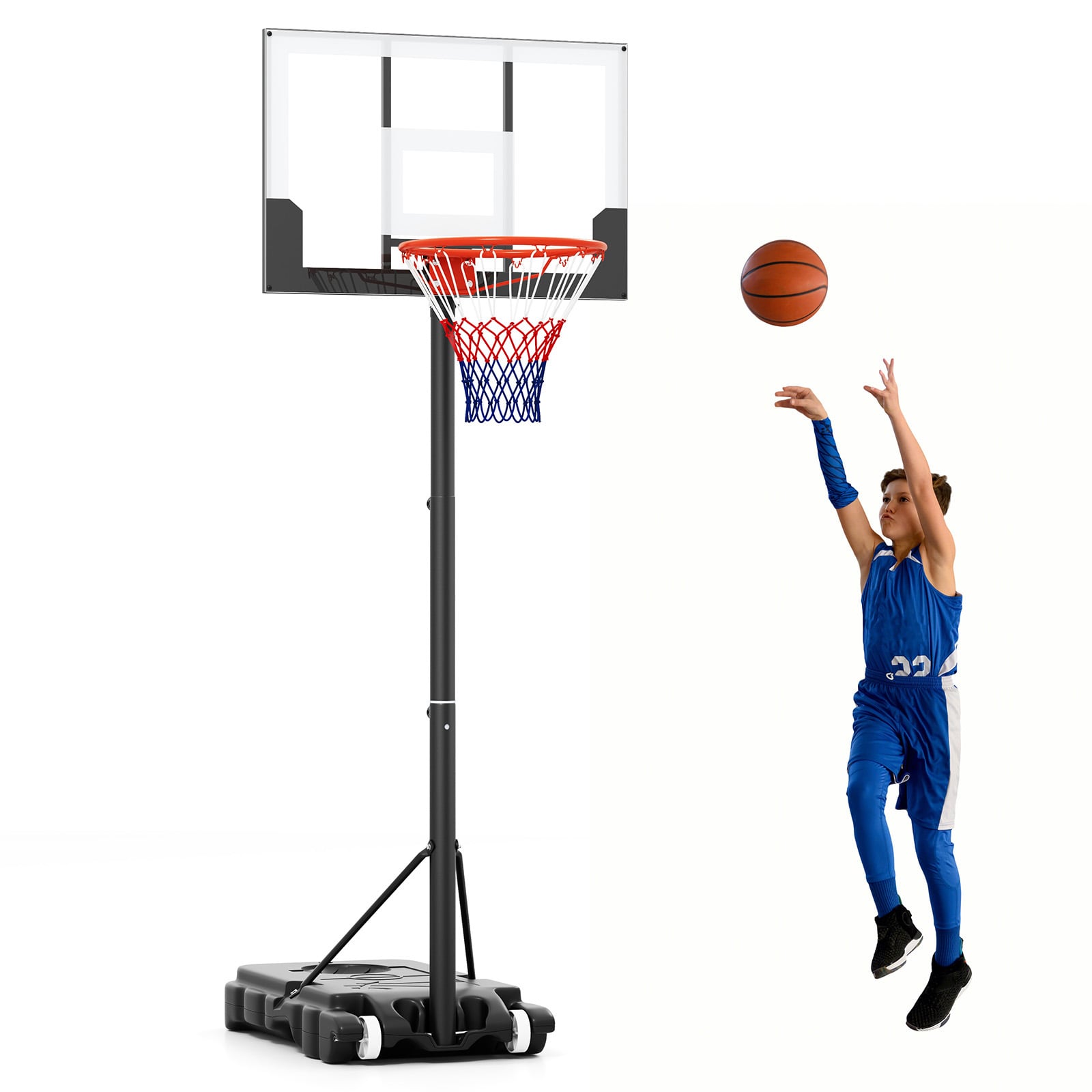 Portable Kids Basketball Hoop Outdoor 3.3-7 Feet with Shatterproof PC Backboard and Wheels-White
