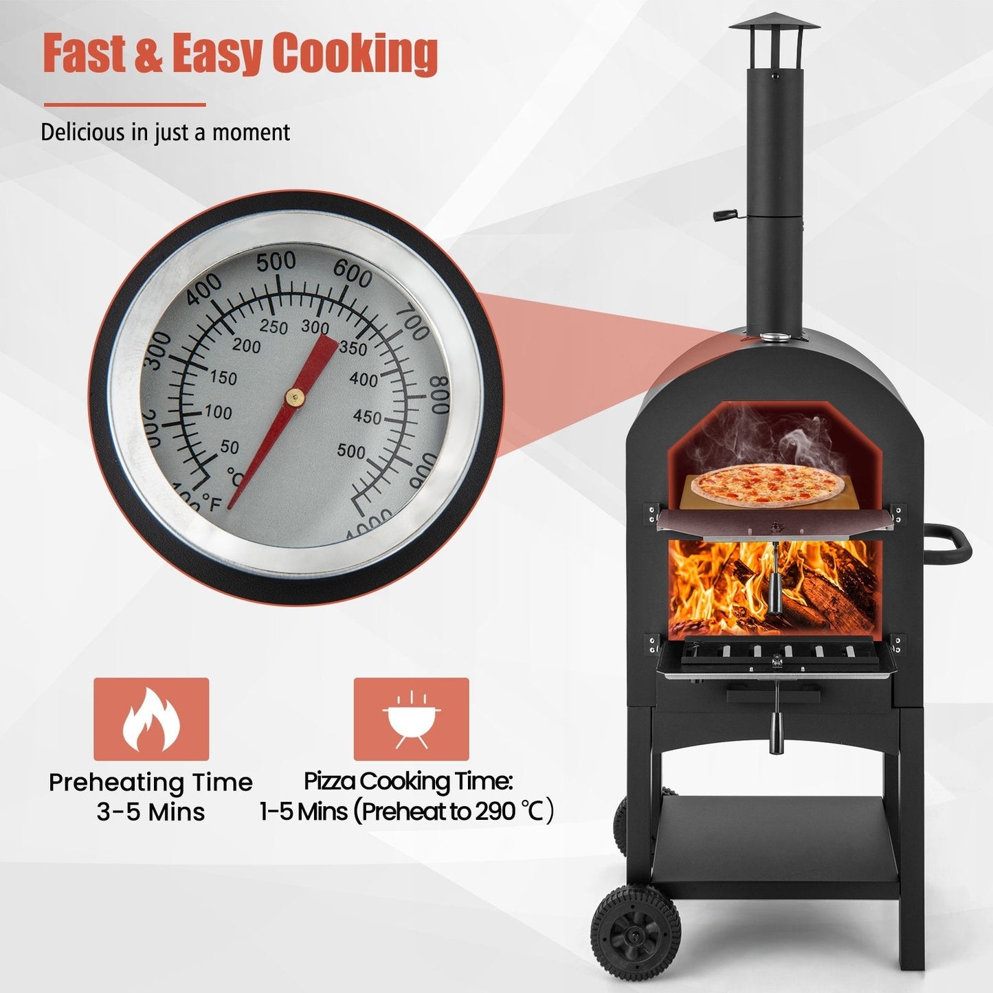 Portable Pizza Oven with Built-in Thermometer and Ash Collection Drawer