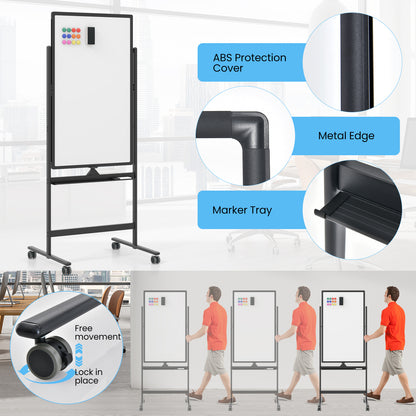 Reversible Rolling White Board with Black Markers and Board Eraser-Black-M