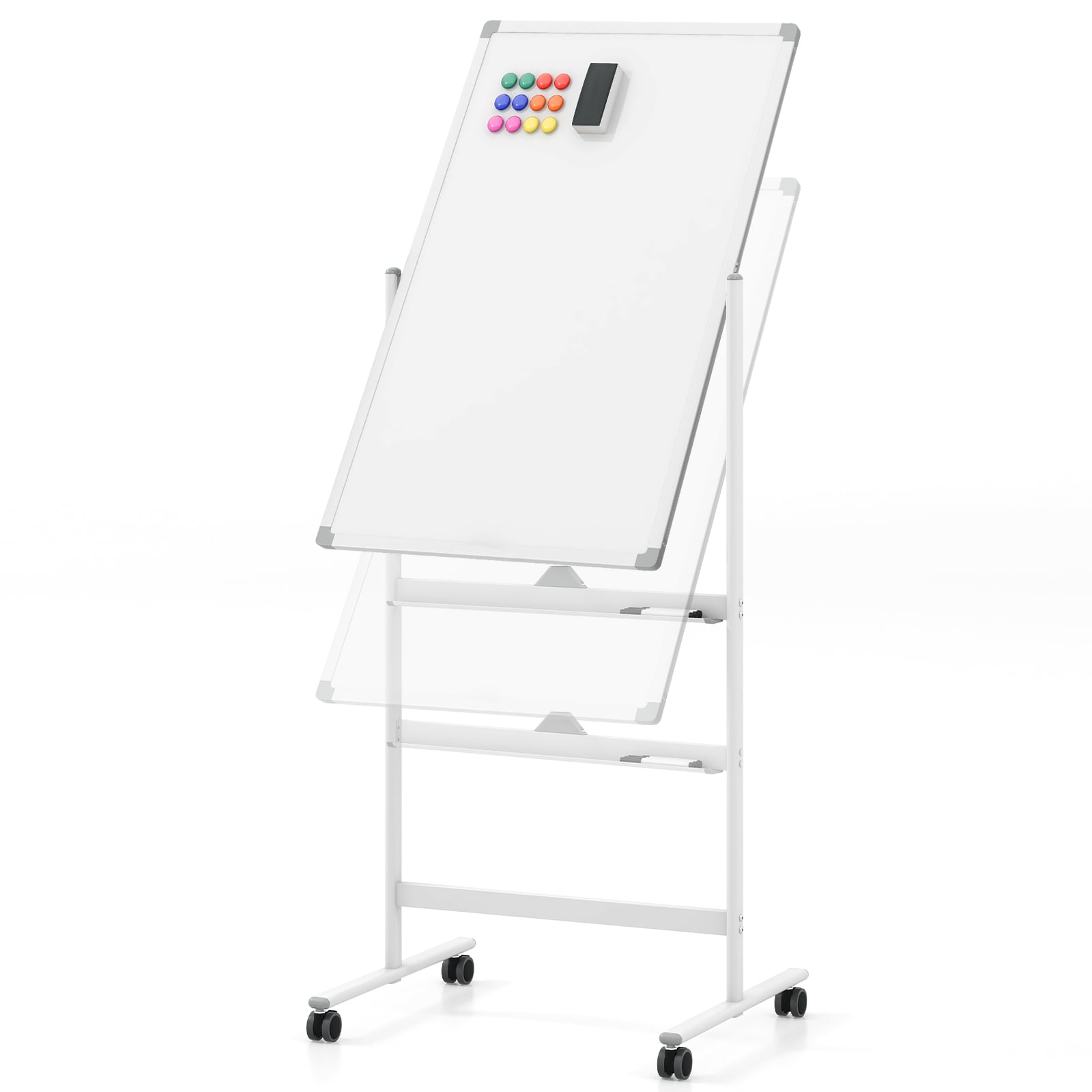 Reversible Rolling White Board with Black Markers and Board Eraser-White-S