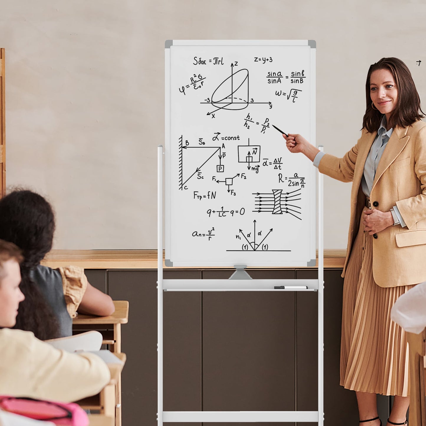 Reversible Rolling White Board with Black Markers and Board Eraser-White-S