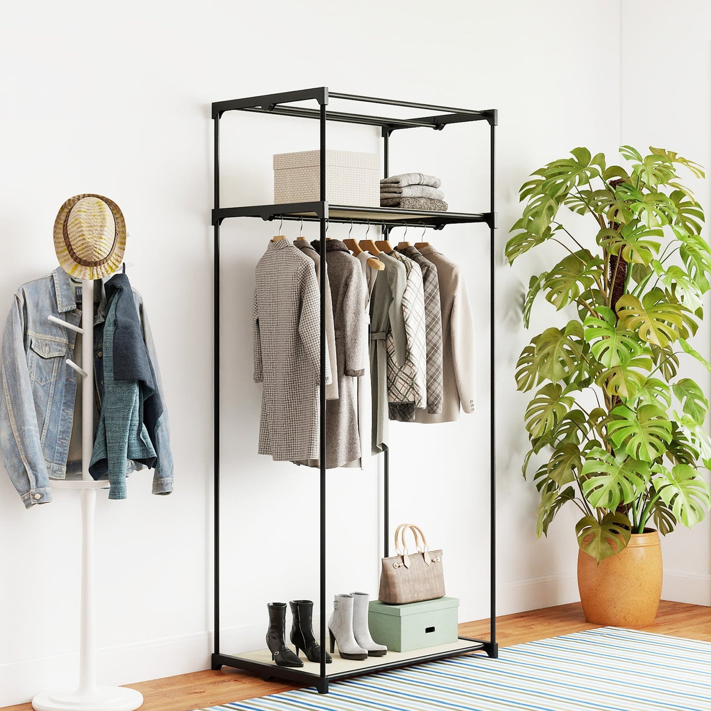 Portable Single Clothes Closet with Hanging Rail-Beige