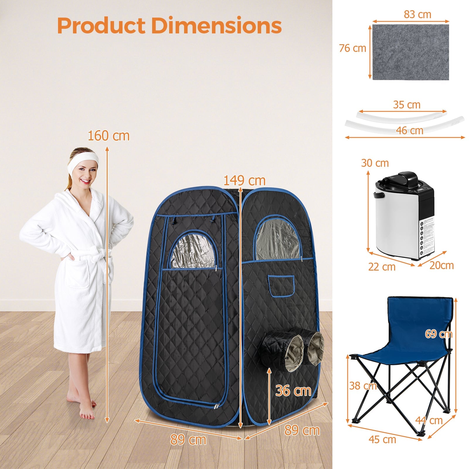 Portable Steam Sauna Tent with 1000W 3L Steam Generator and Chair-Black