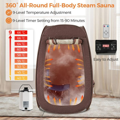 Portable Steam Sauna Tent with 1000W 3L Steam Generator and Chair-Brown