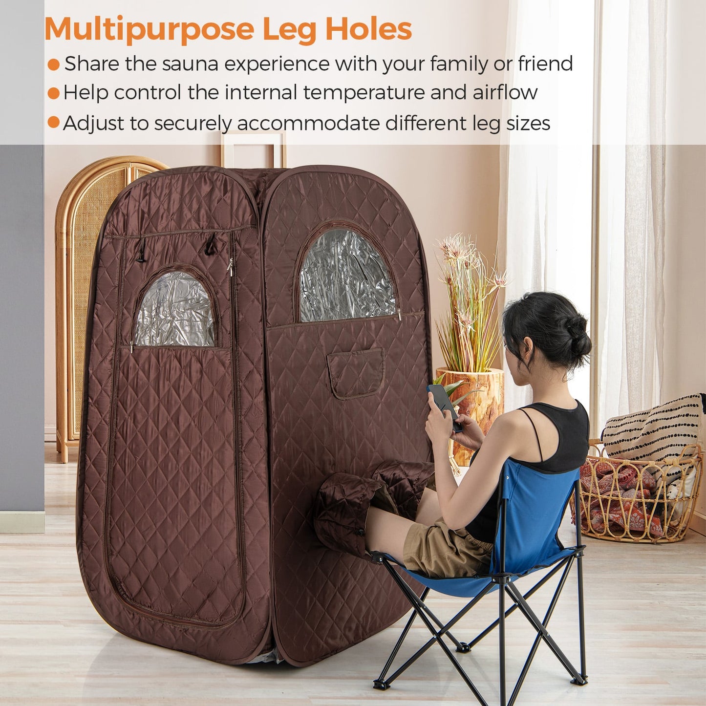 Portable Steam Sauna Tent with 1000W 3L Steam Generator and Chair-Brown