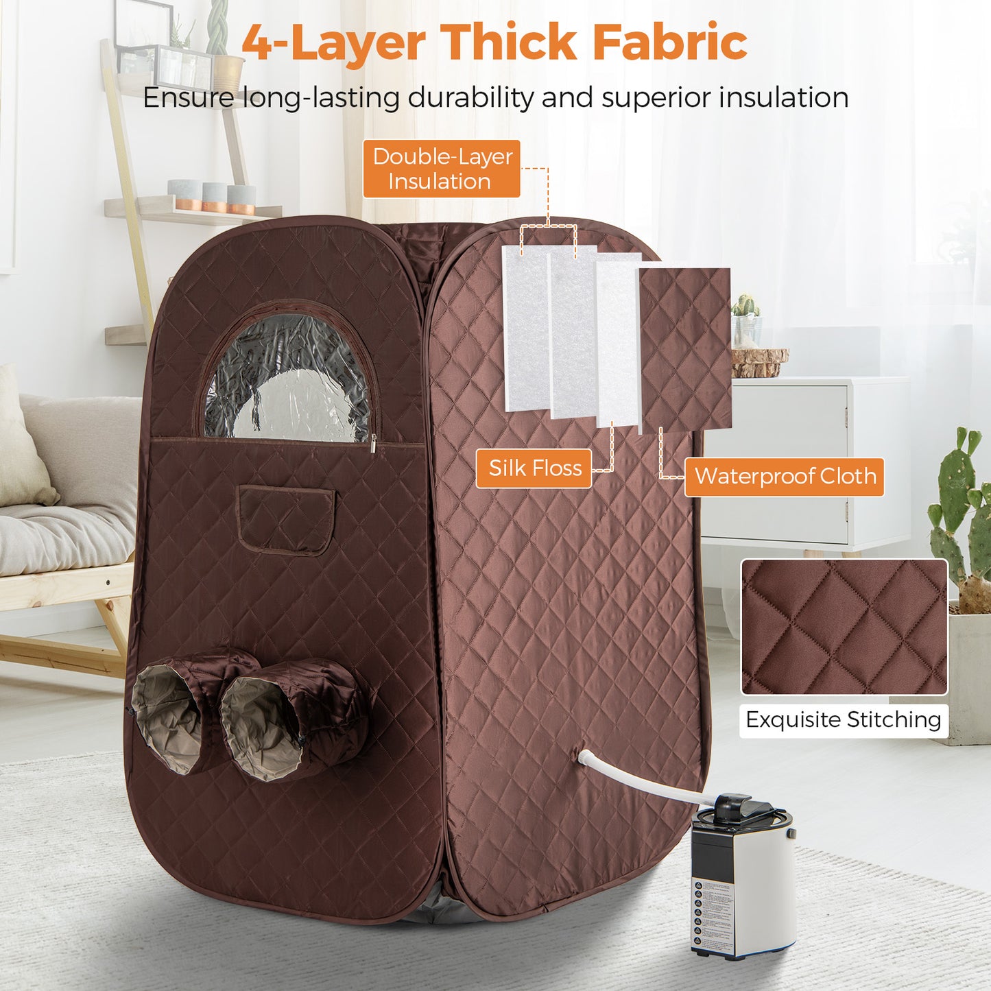 Portable Steam Sauna Tent with 1000W 3L Steam Generator and Chair-Brown
