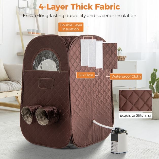 Portable Steam Sauna Tent with 1000W 3L Steam Generator and Chair-Brown