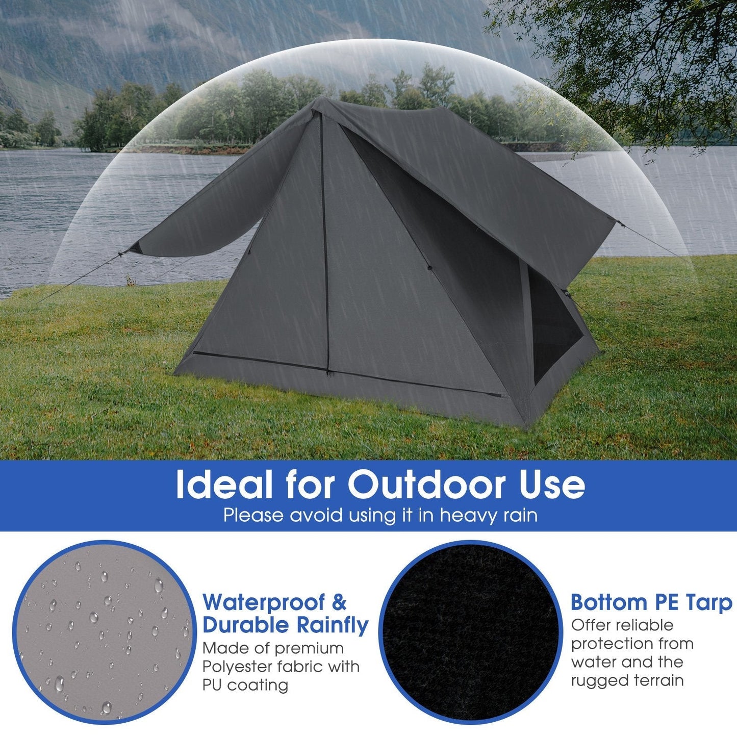 Pop-up Camping Tent with Carry Bag and Rainfly for 2-3 People-Grey