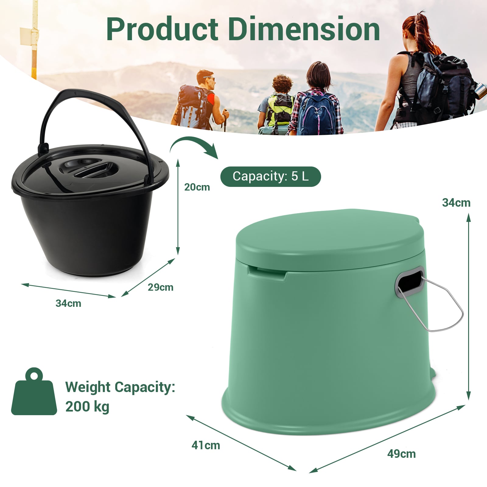 Portable Travel Toilet with Detachable Inner Bucket and Removable Toilet Paper Holder-Green