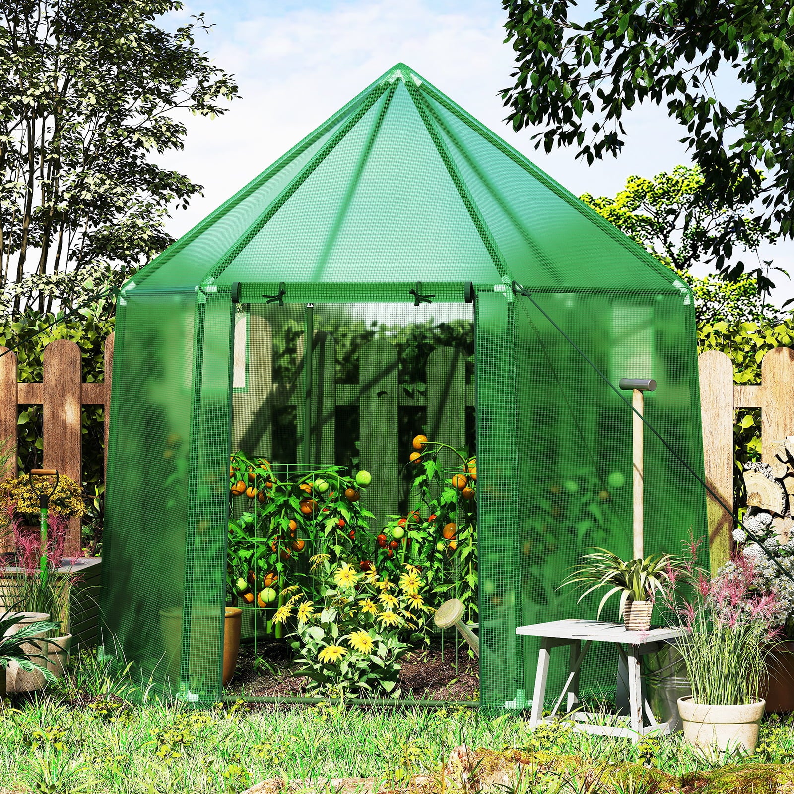 Portable Walk-in Greenhouse with PE Cover and Rustproof Metal Frame-Green