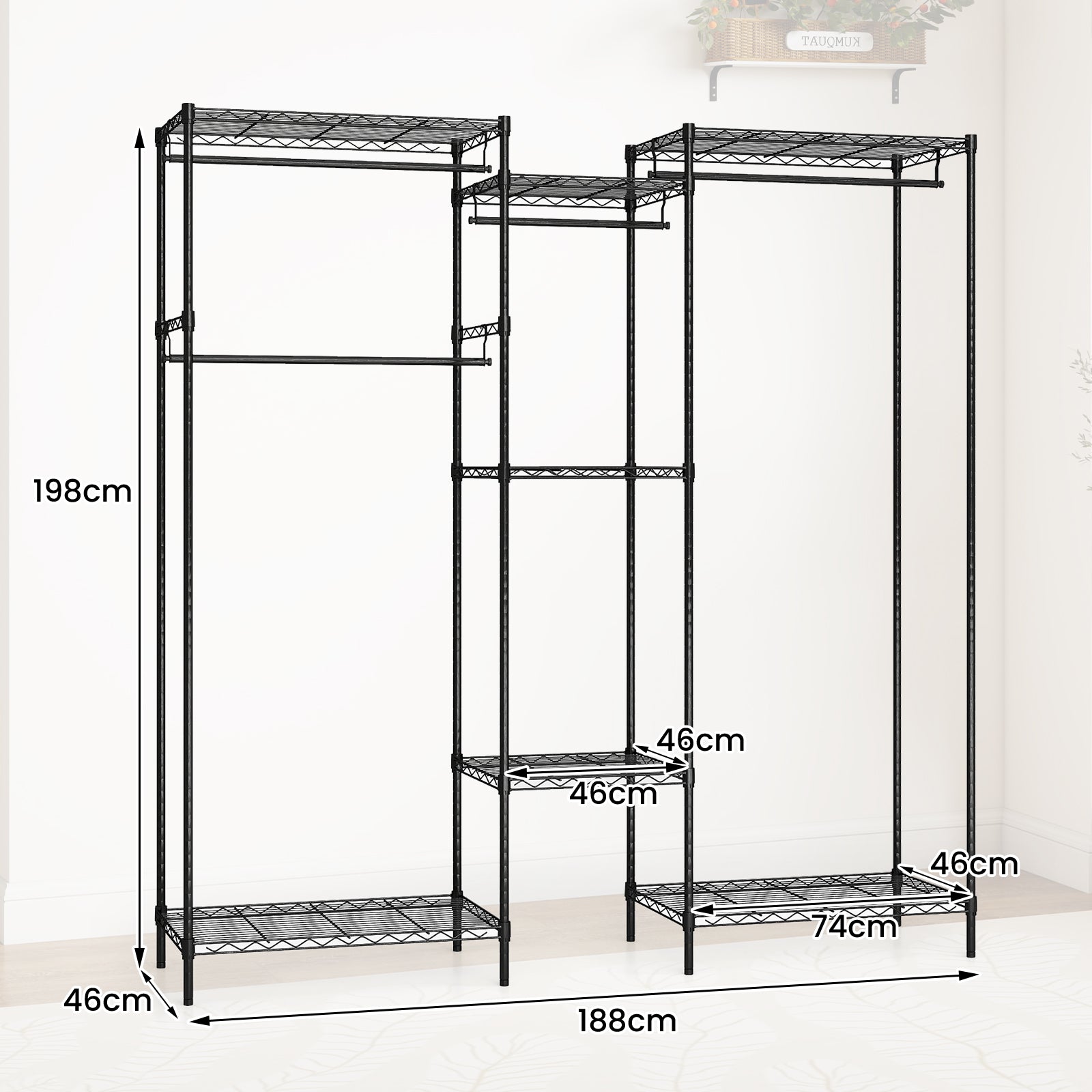 Portable Wardrobe Convertible Clothes Organizer with L-shape and Horizontal Installation-Black