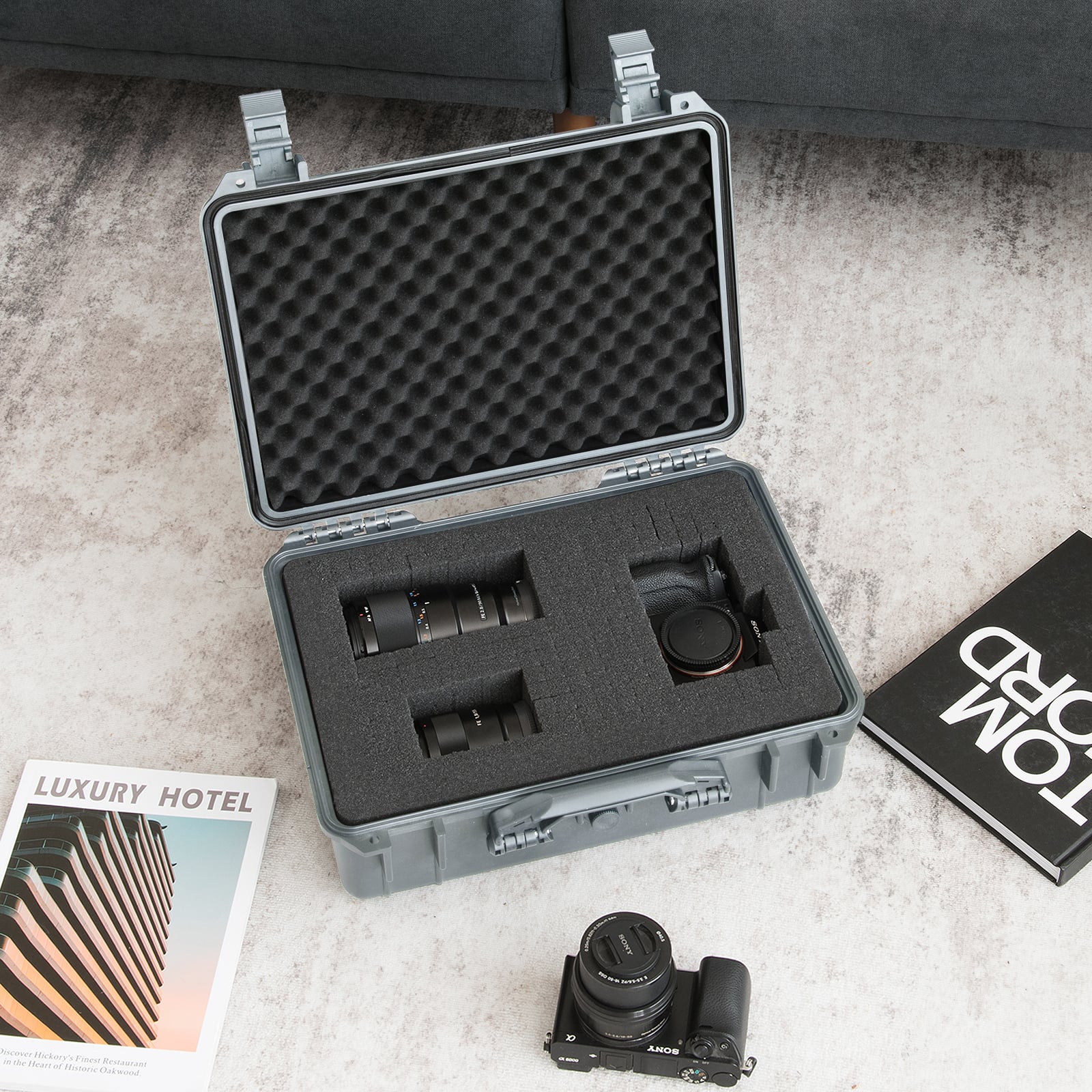 Portable Grey Waterproof Hard Case with Customizable Fit Foam-Grey-34 x 31 x 16 cm