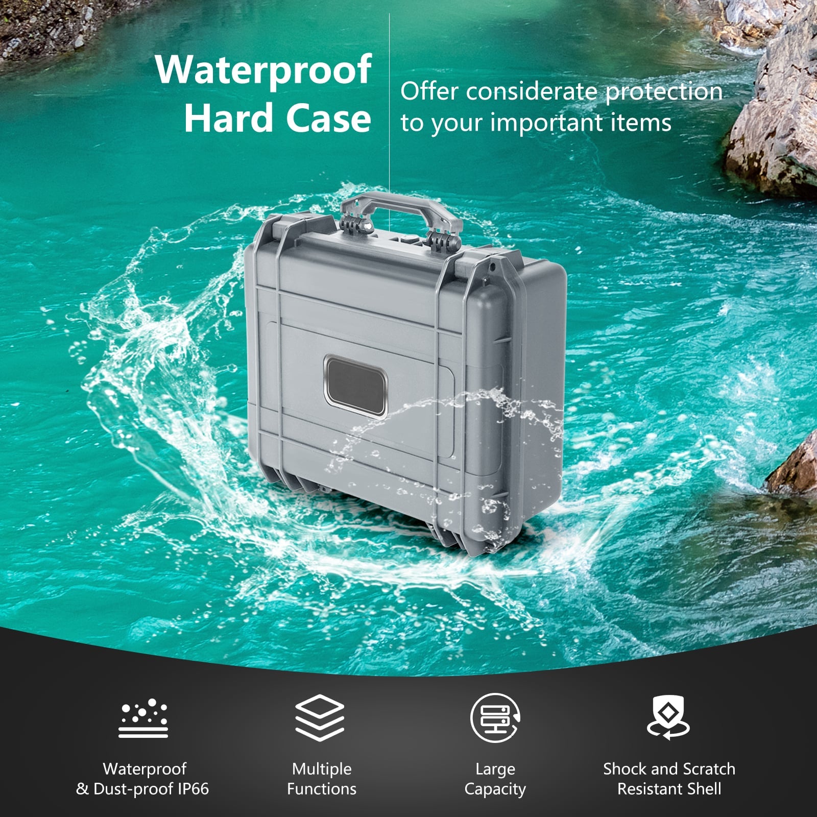 Portable Grey Waterproof Hard Case with Customizable Fit Foam-Grey-34 x 31 x 16 cm
