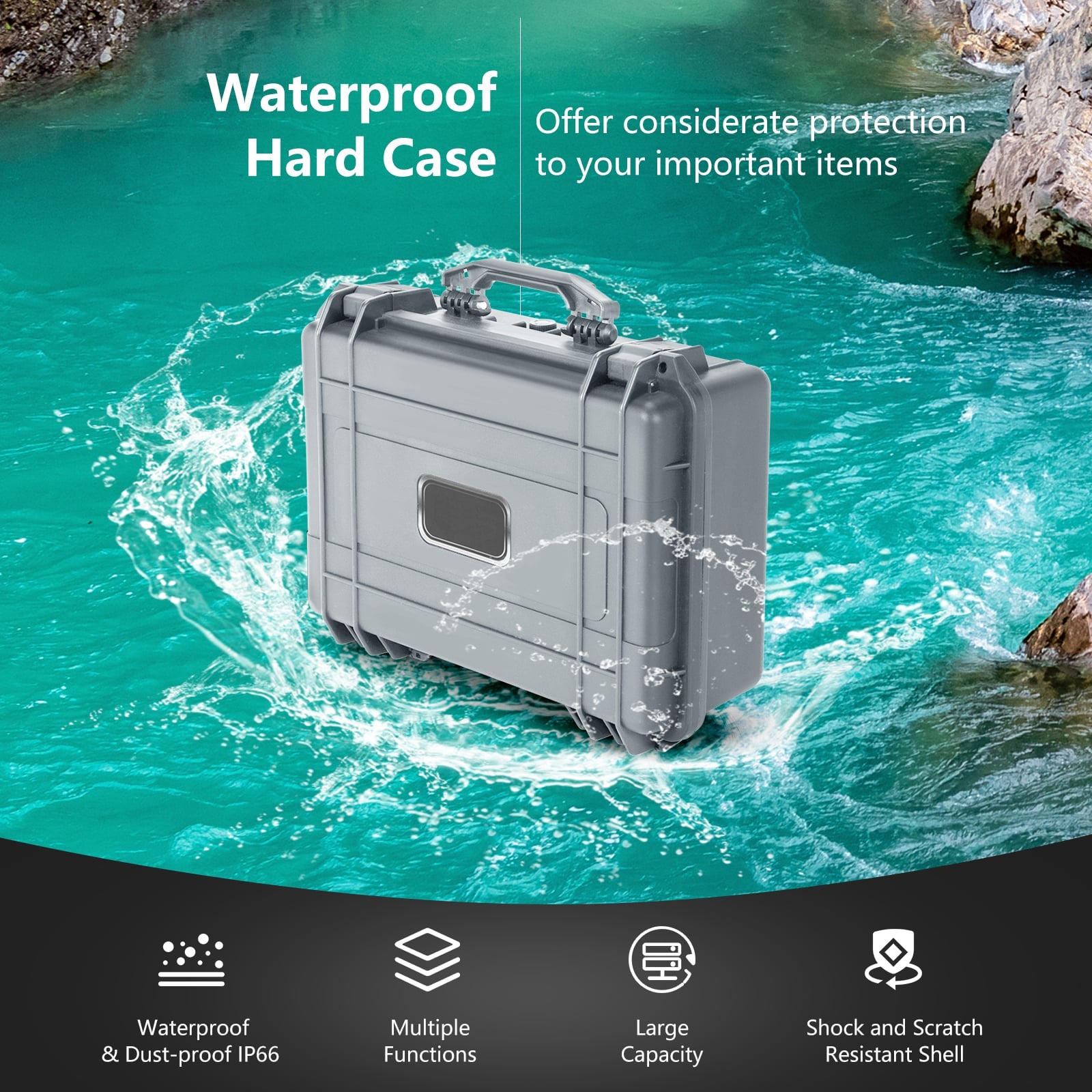 Portable Grey Waterproof Hard Case with Customizable Fit Foam-Grey-45 x 34 x 18 cm