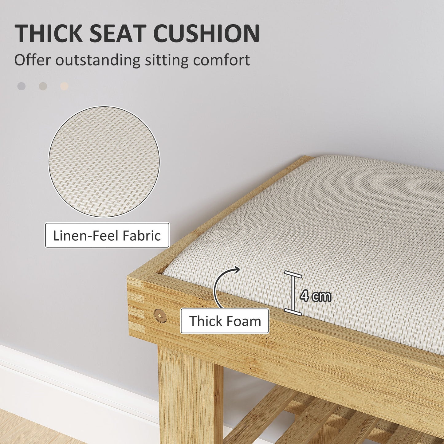 HOMCOM Bamboo Shoe Storage Bench, 3-Tier Shoe Bench with Seat Cushion, Shoe Rack for Entryway, Hallway, Living Room, Bedroom, Cream White