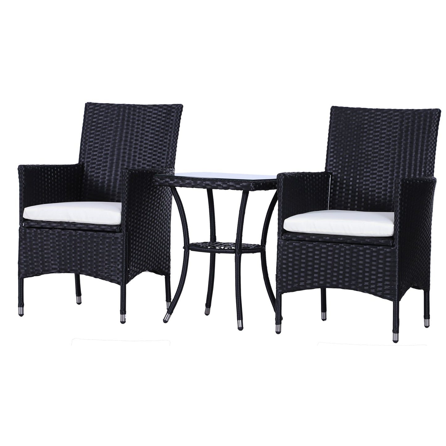 Outsunny 3 Pieces Rattan Bistro Set, Wicker Garden Furniture Set with 2-Tier Coffee Table and Chairs, Cushions, for Outdoor Patio Balcony, Black