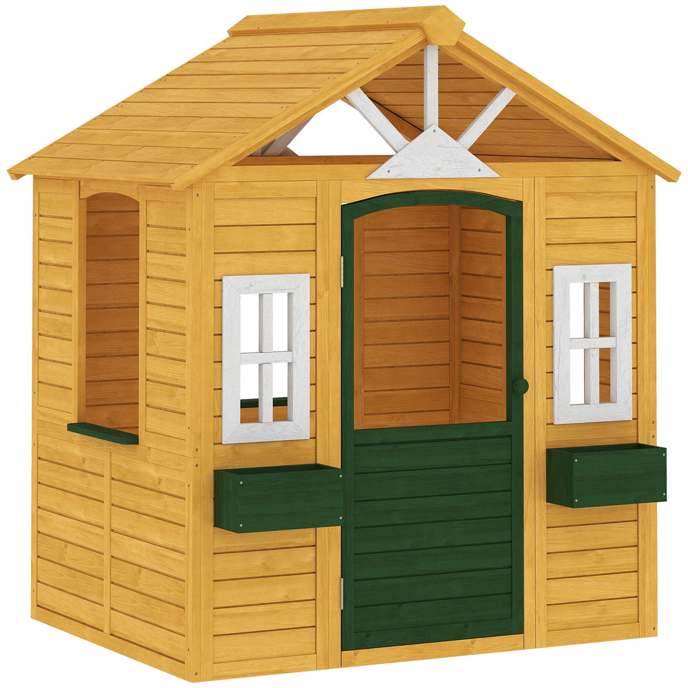 AIYAPLAY Outdoor Kids Playhouse, Wooden Wendy House with Door, 3 Windows, 2 Flower Boxes for Garden, Indoor Playroom