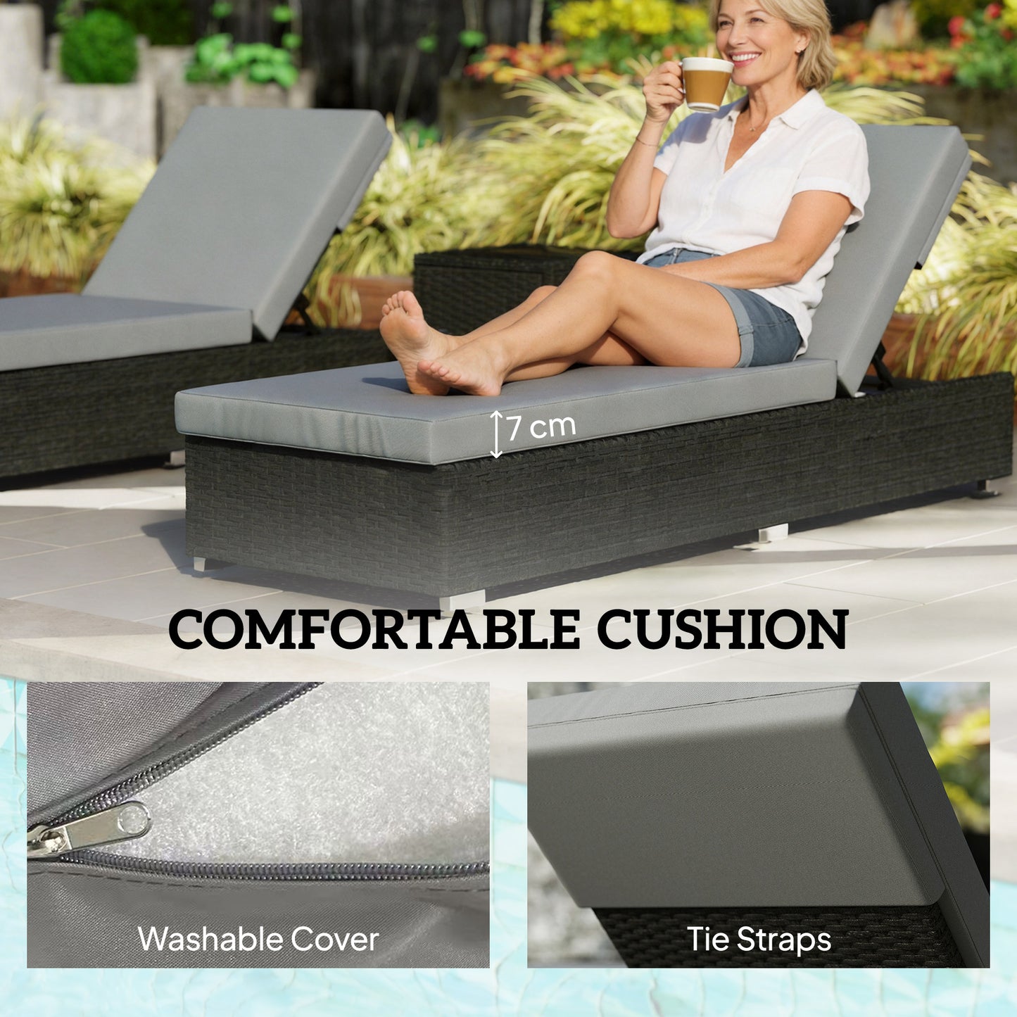 Outsunny Rattan Sun Loungers Set of 2 with Side Table, Garden Recliner Sunbeds with Adjustable Back, Cushions, Dark Grey