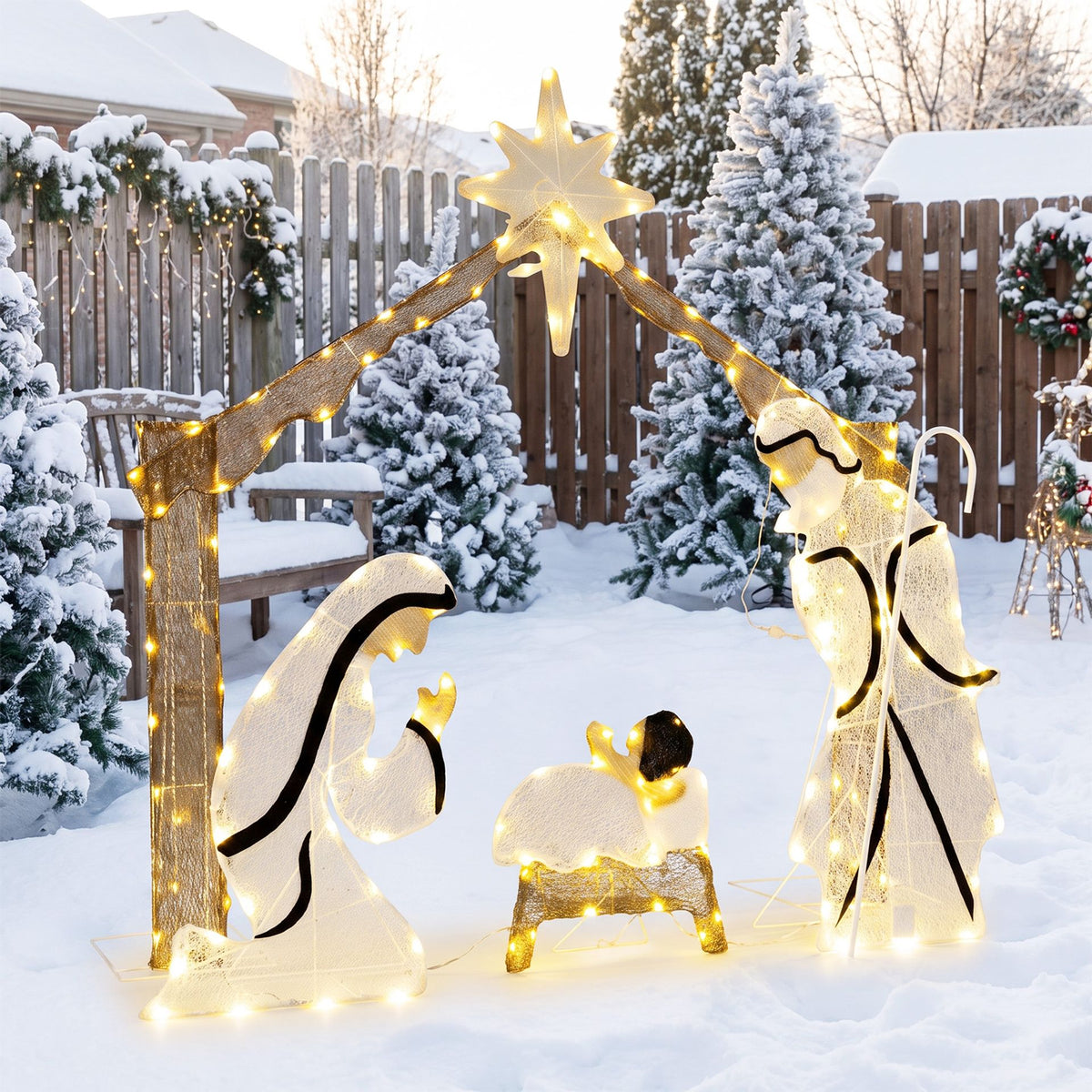 Pre-Lit Artificial Crystal Holy Family Decoration with Warm White LED Lights