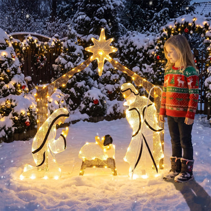 Pre-Lit Artificial Crystal Holy Family Decoration with Warm White LED Lights