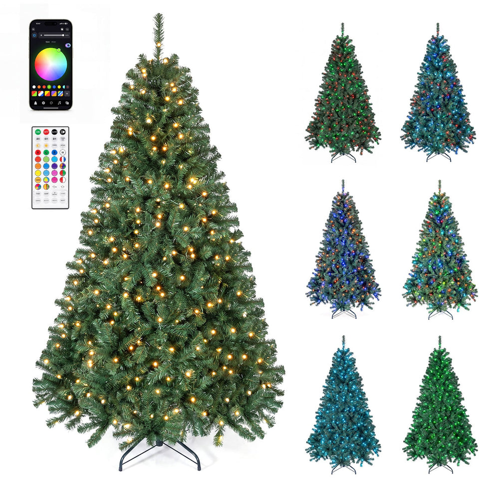 Pre-lit Christmas Tree with 1072 Branch Tips and 300 Multifunctional White and Multi-color RGB Lights-180 cm
