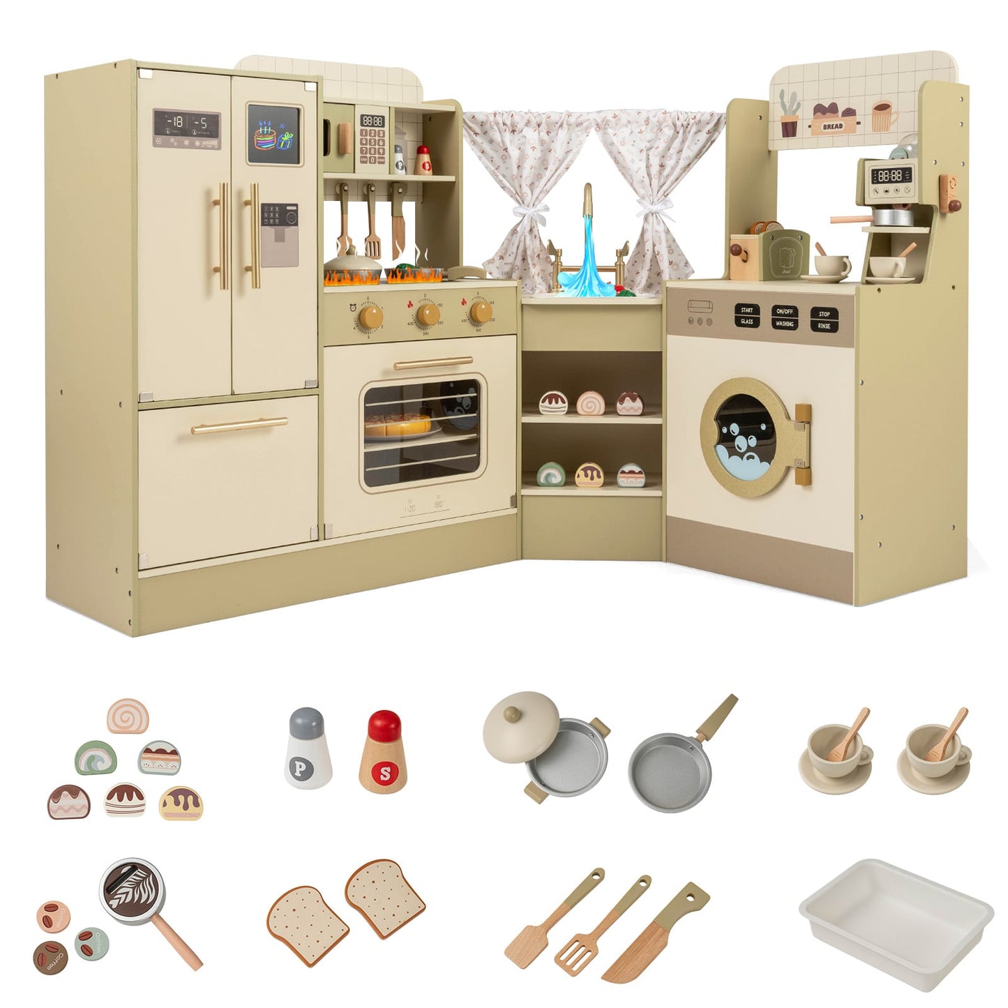 Pretend Play Kitchen Playset with Faucet and Dishwasher-Green