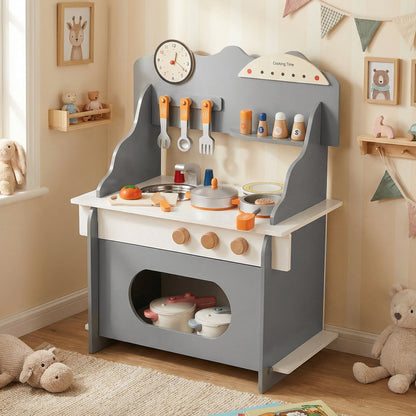 Pretend Play Toy Kitchen Set with Clock Stove Spice Rack for Aged 3+-Grey