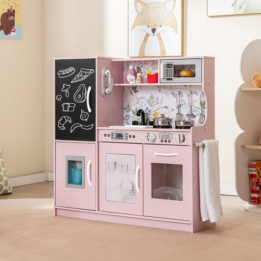 Toddler Pretend Kitchen Playset with Accessories and Simulated Sounds-Cream Pink