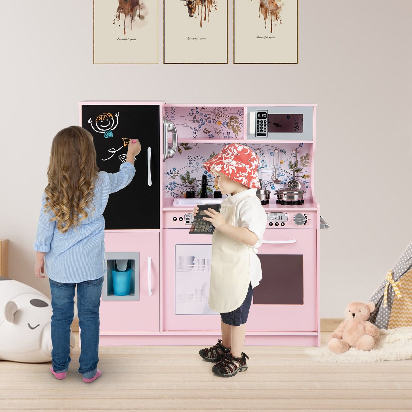 Toddler Pretend Kitchen Playset with Accessories and Simulated Sounds-Cream Pink