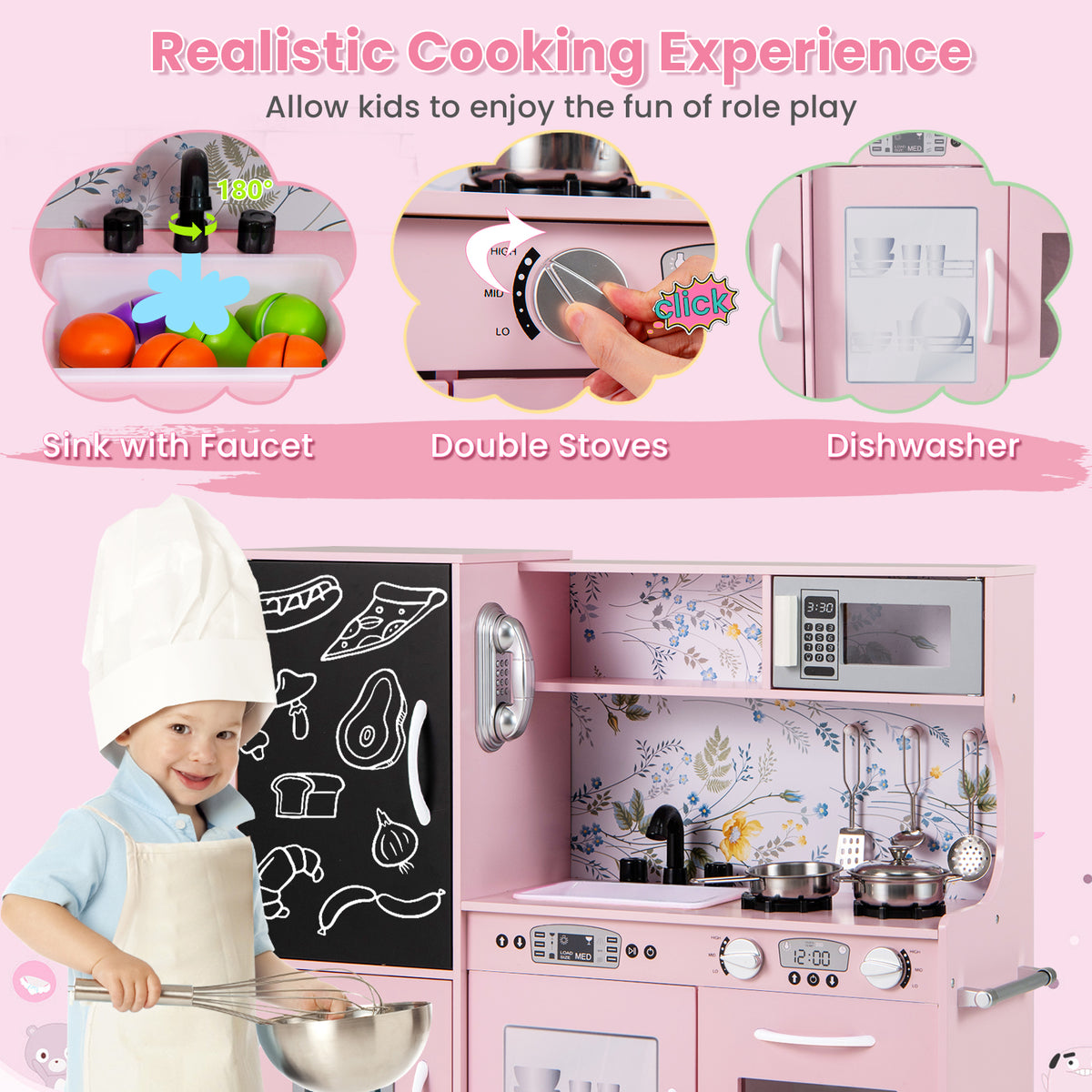 Toddler Pretend Kitchen Playset with Accessories and Simulated Sounds-Cream Pink