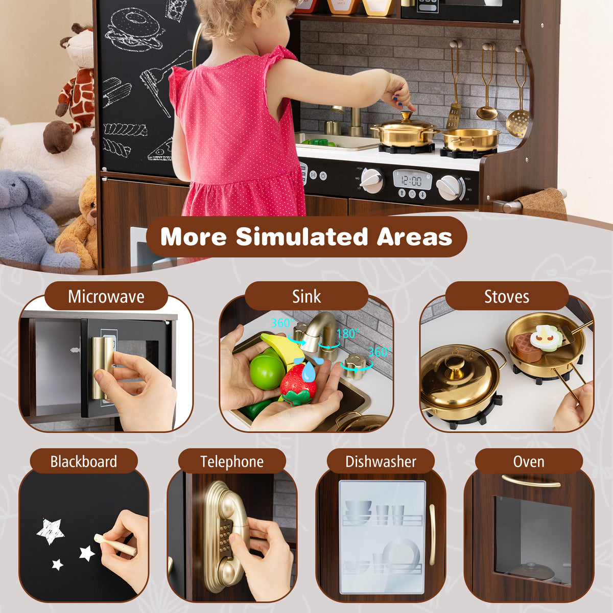 Toddler Pretend Kitchen Playset with Accessories and Simulated Sounds-Rustic Brown