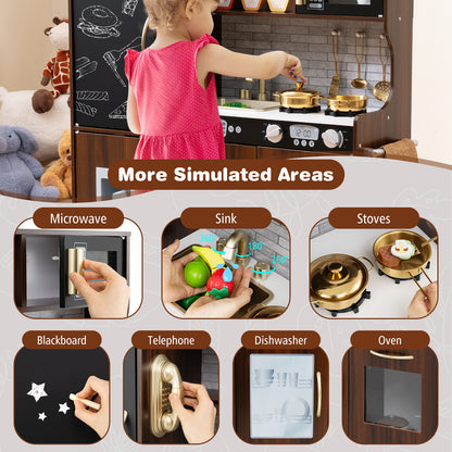 Toddler Pretend Kitchen Playset with Accessories and Simulated Sounds-Rustic Brown