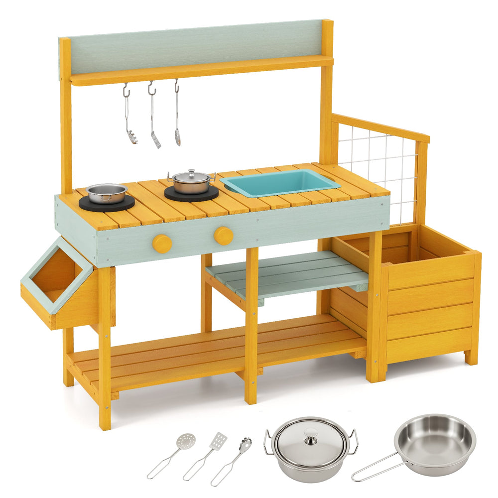 Pretend Mud Kitchen Play Kitchen with Removable Sink and Planter Boxes-Yellow