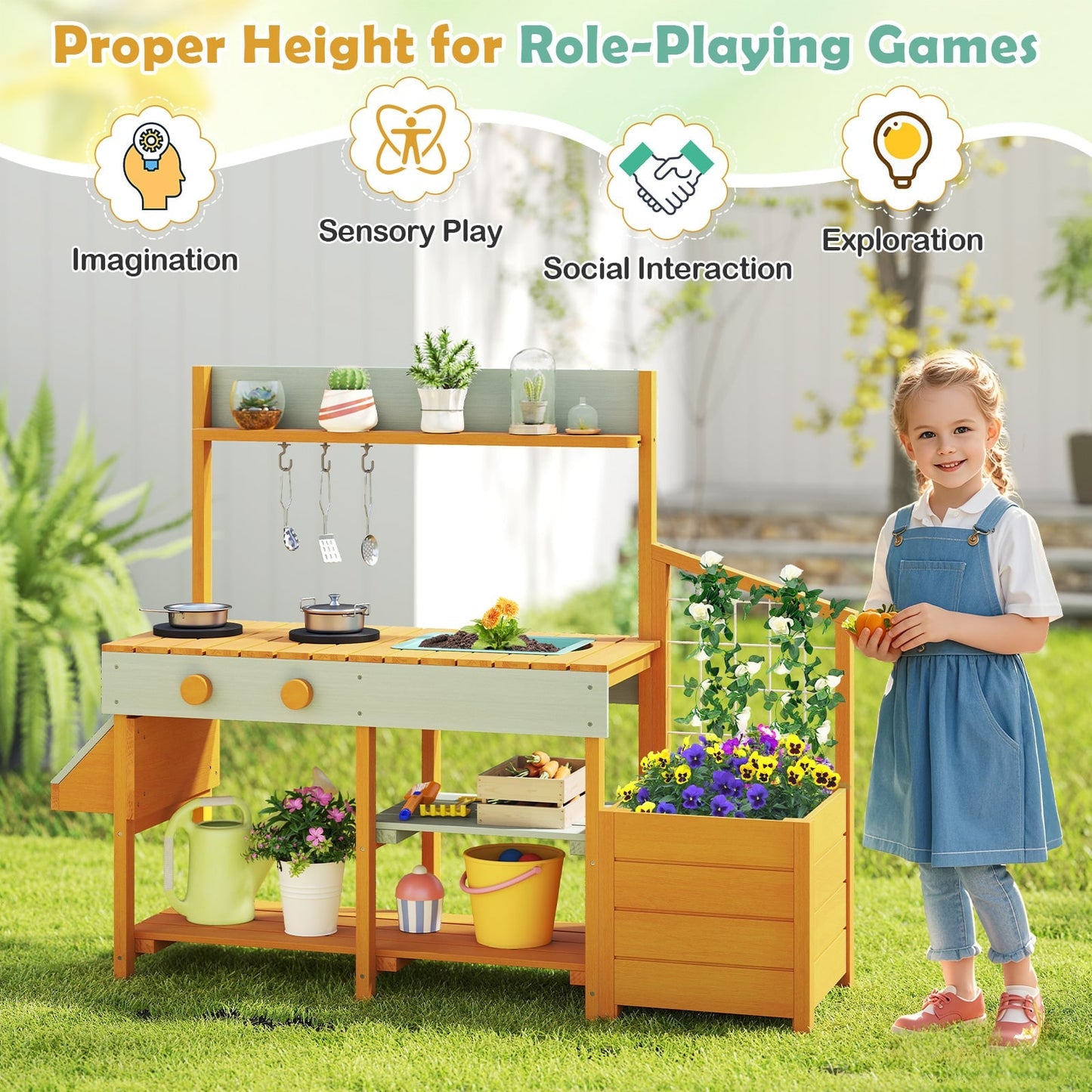 Pretend Mud Kitchen Play Kitchen with Removable Sink and Planter Boxes-Yellow