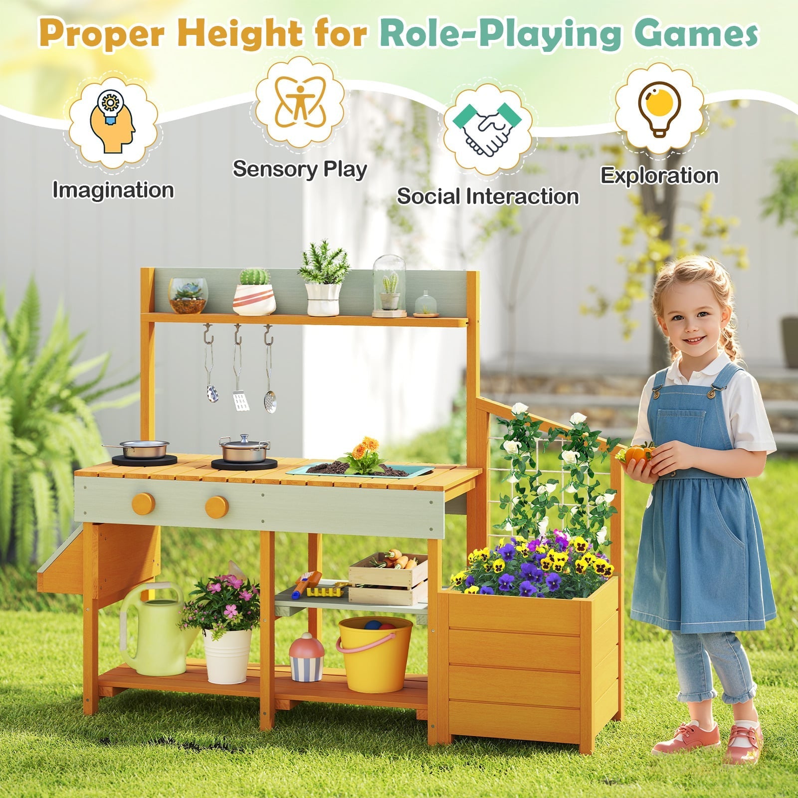 Pretend Mud Kitchen Play Kitchen with Removable Sink and Planter Boxes-Yellow