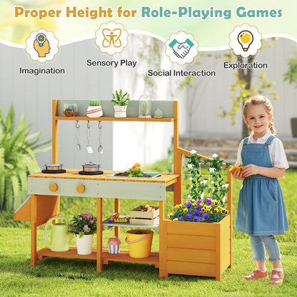 Pretend Mud Kitchen Play Kitchen with Removable Sink and Planter Boxes-Yellow